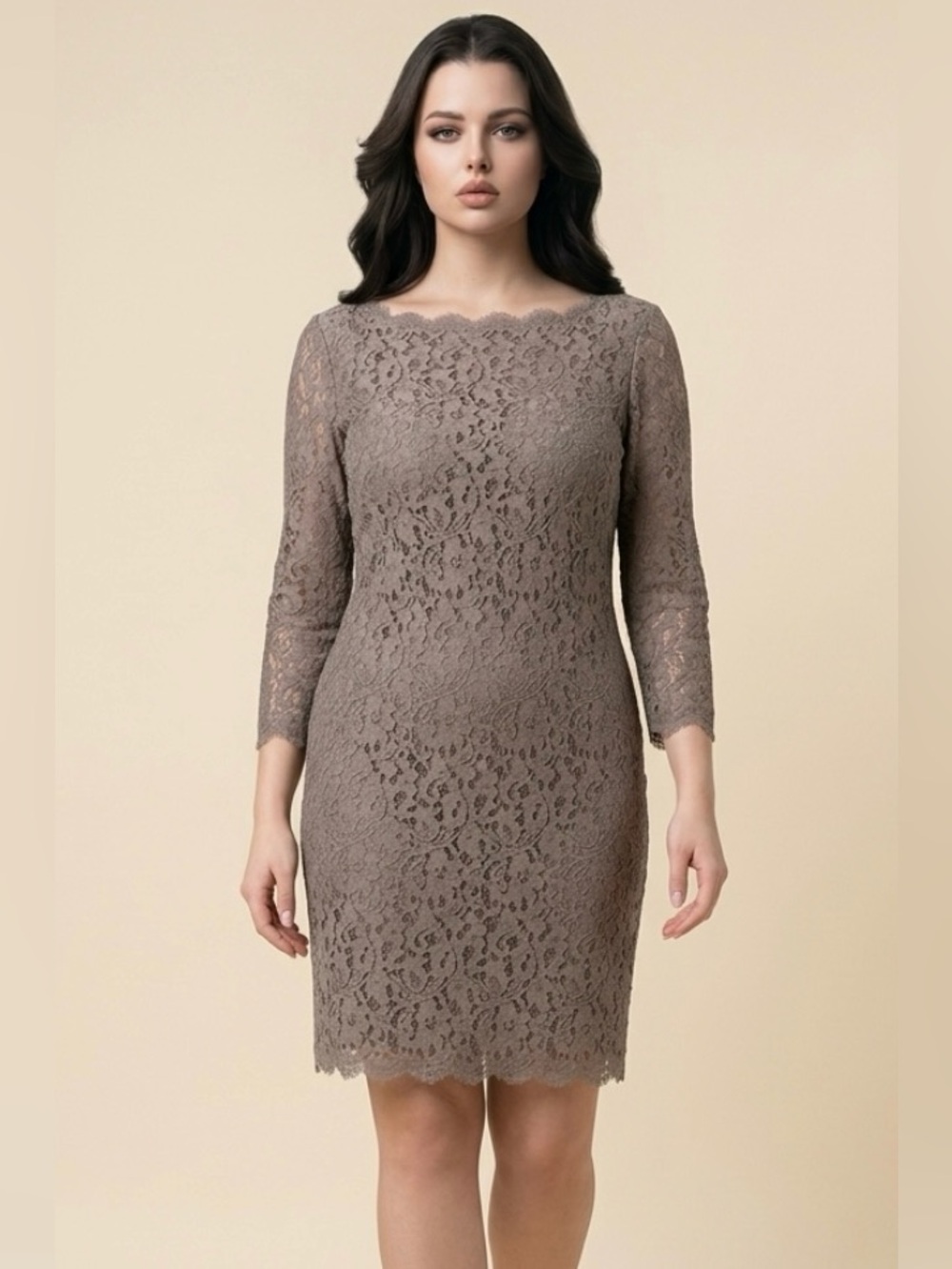 Adrianna Papell Live From The Red Carpet Taupe Lace Sheath Lined Midi Dress